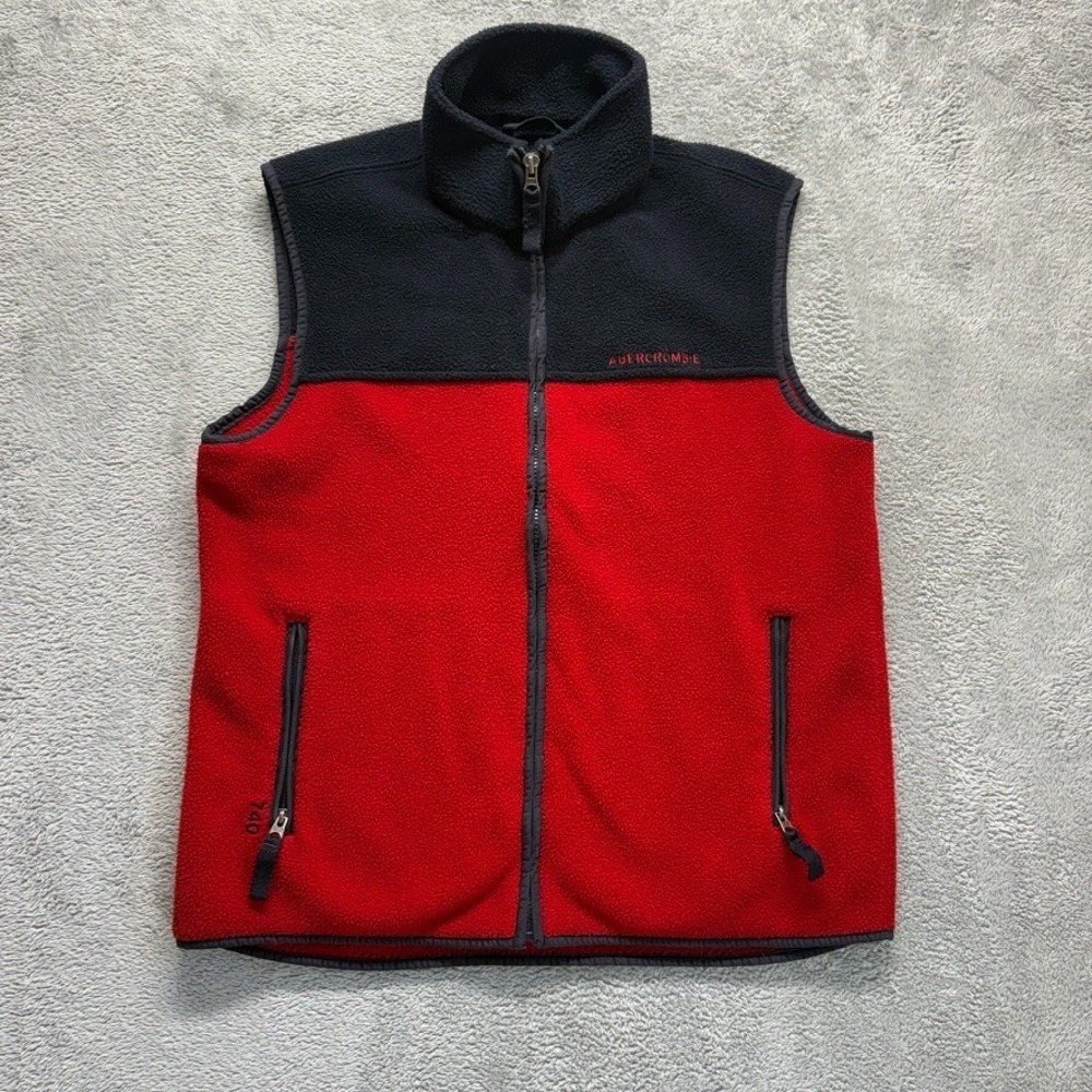 Vintage Abercrombie & Fitch Vest Mens Large Red Blue 1892 Zip Fleece Y2K - Picture 1 of 11